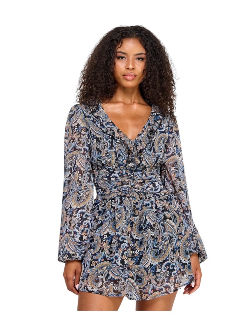City Studio Paisley Long Sleeve Ruffle Mini Dress Boho V-Neck Blue/Beige NEW L